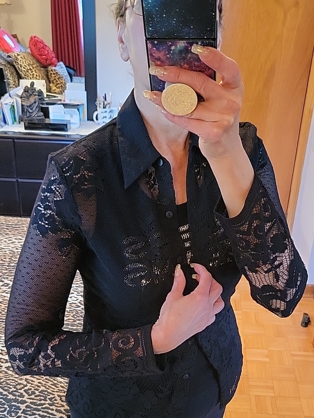 NEW Women's Black Floral Lace Button-Front Collared Blouse, M